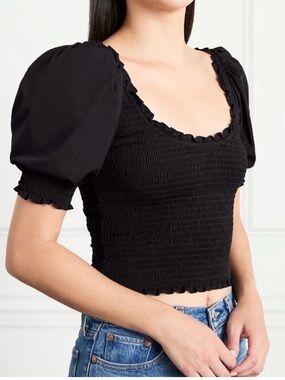 Hill House Black Smocked Puff Sleeve Crop Top